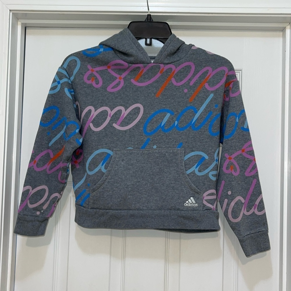 Adidas - youth girls hooded sweatshirt - gray with colorful adidas script- S